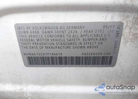 2007 Volkswagen Passat 2.0T/Wolfsburg Edition z USA, uszkodzony, nr VIN WVWAK73CX7P164676